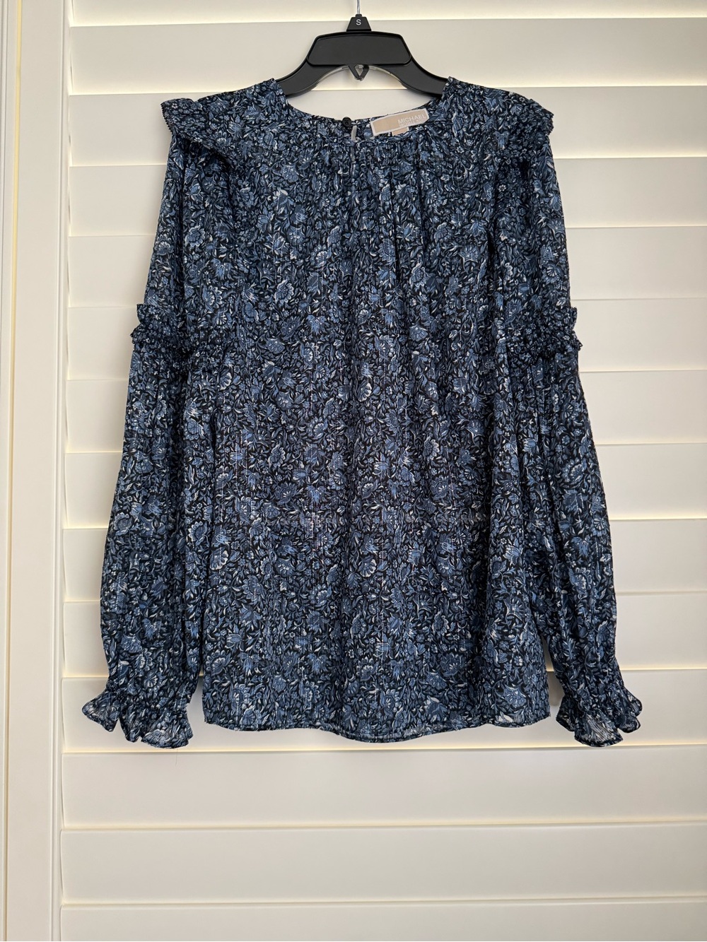 Michael Kors Navy and Light Blue Floral Long-Sleeve Blouse